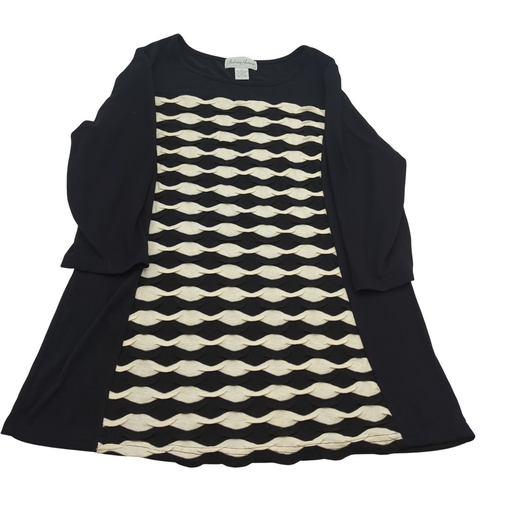 Fashion Avenue Black White Wavy Textured Tunic Top XL Long Sleeve Scoop Neck